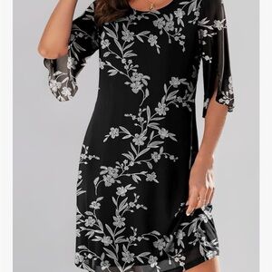 weaczzy Black Floral Shift Dress with White Botanical Print